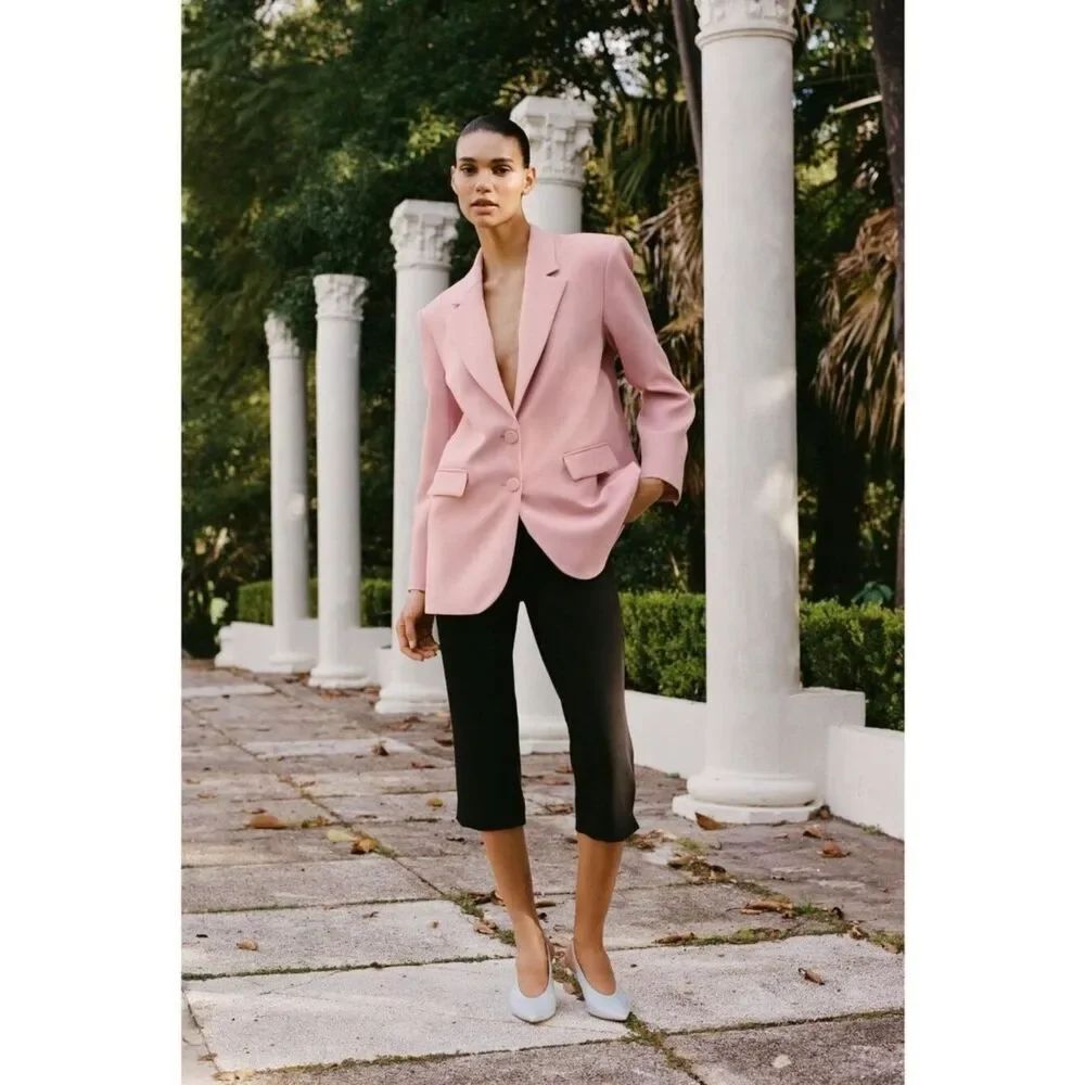 Zara Womens Long Straight-Cut Blazer Small S Pink Lapel Collar 3462/331 NWT